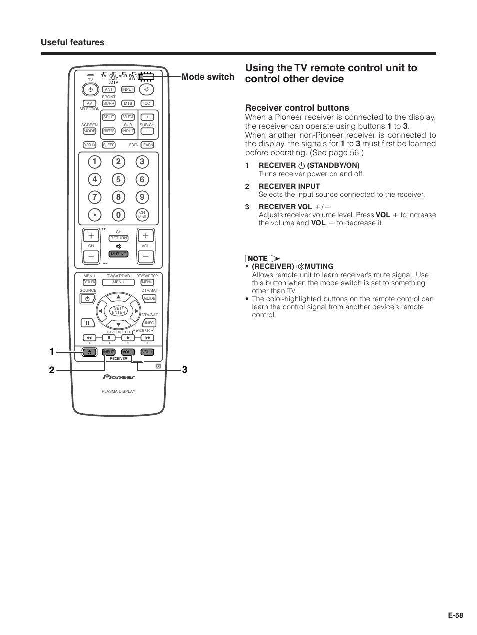 Useful features, Receiver control buttons, Mode switch | E-58 | Pioneer PDP-5030HD User Manual | Page 61 / 71