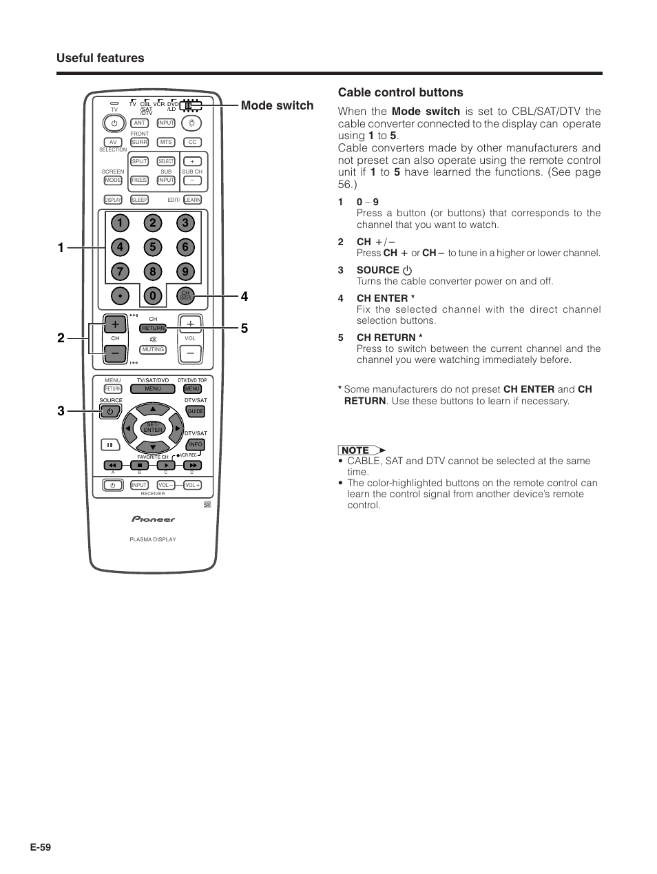 Useful features cable control buttons, Mode switch, E-59 | Pioneer PDP-5030HD User Manual | Page 62 / 71