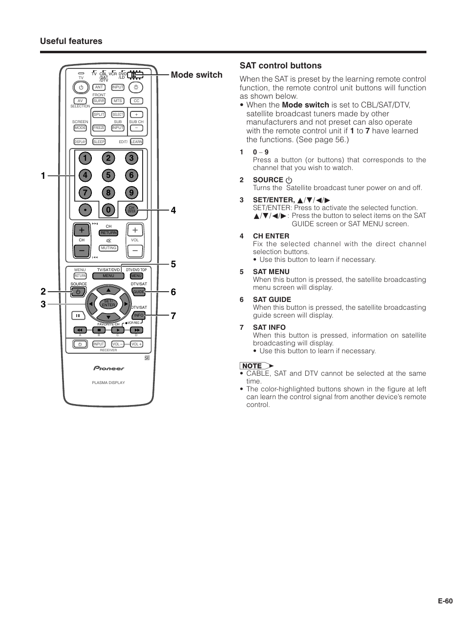 Useful features sat control buttons, Mode switch, E-60 | Pioneer PDP-5030HD User Manual | Page 63 / 71