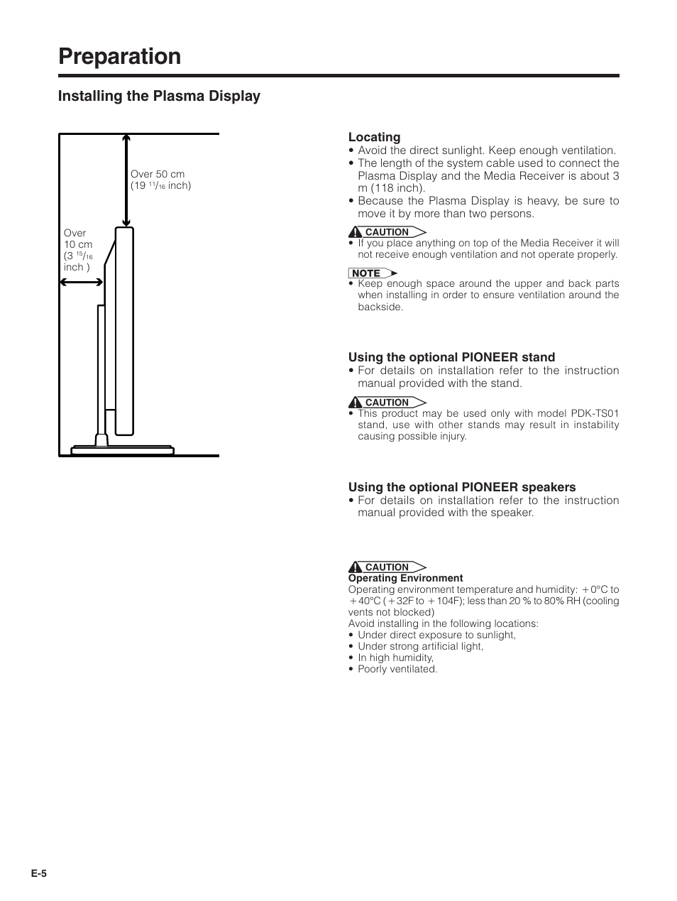 Preparation, Installing the plasma display | Pioneer PDP-5030HD User Manual | Page 8 / 71
