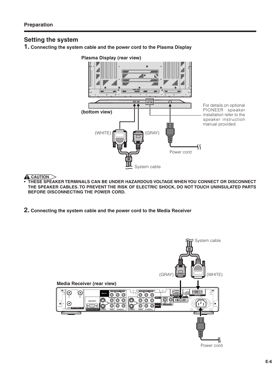 Setting the system, Preparation, Media receiver (rear view) | Plasma display (rear view), Bottom view), System cable, Power cord, Power cord system cable | Pioneer PDP-5030HD User Manual | Page 9 / 71