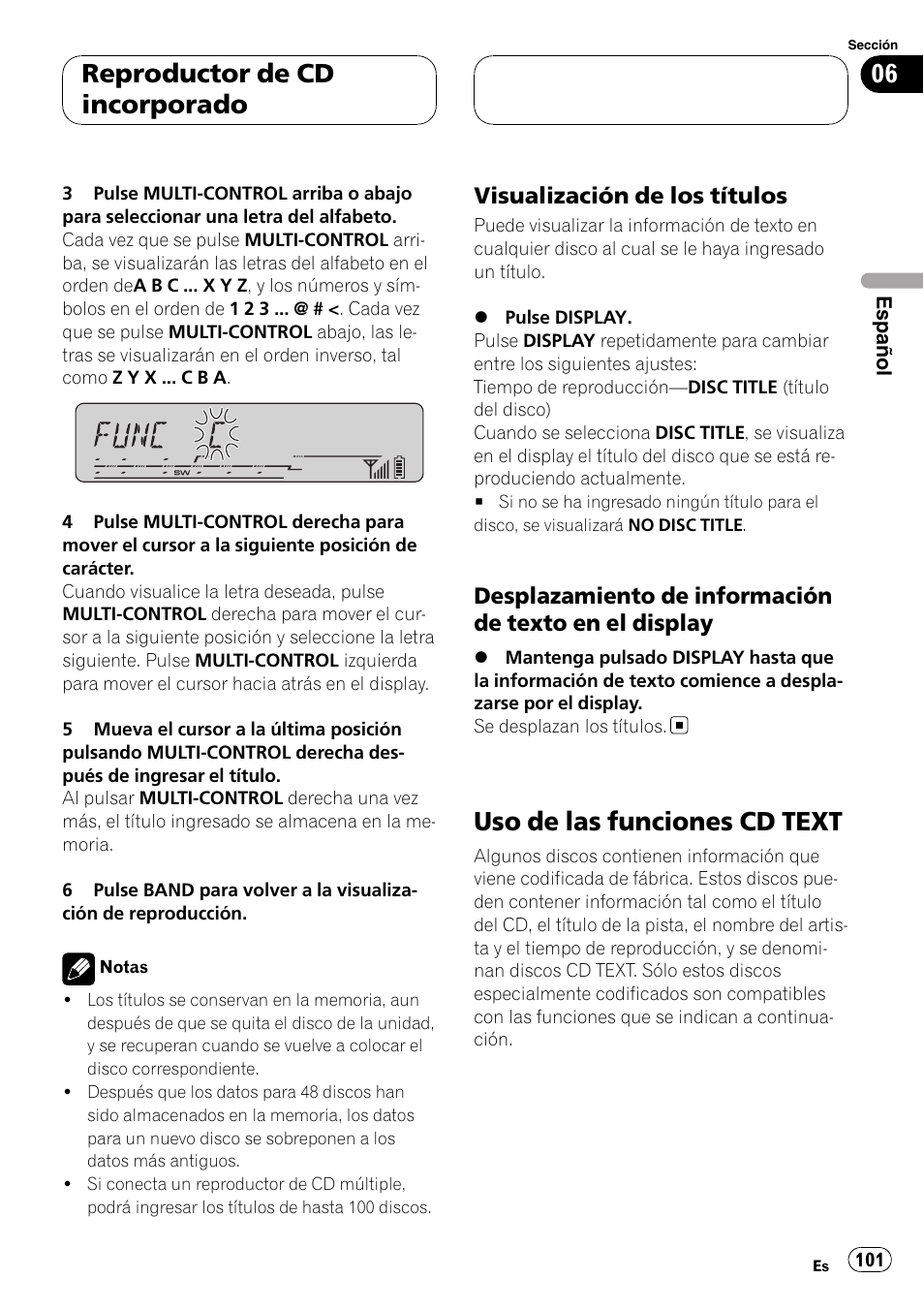 Visualización de los títulos 101, Desplazamiento de información de, Texto en el display | Uso de las funciones cd text, Reproductor de cd incorporado, Visualización de los títulos | Pioneer DEH-P55BT User Manual | Page 101 / 162