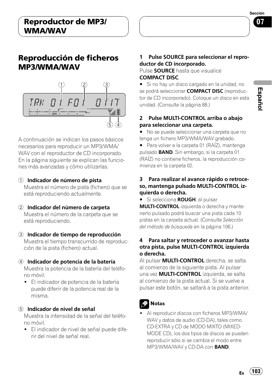 Reproducción de ficheros mp3/wma/wav, Reproductor de mp3/ wma/wav | Pioneer DEH-P55BT User Manual | Page 103 / 162