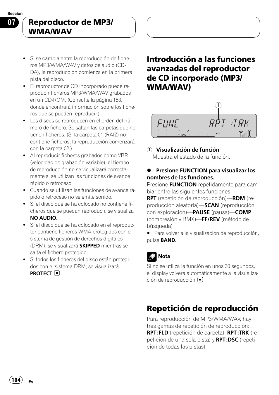 Introducción a las funciones avanzadas del, Reproductor de cd incorporado (mp3/ wma/wav), Repetición de reproducción | Reproductor de mp3/ wma/wav | Pioneer DEH-P55BT User Manual | Page 104 / 162