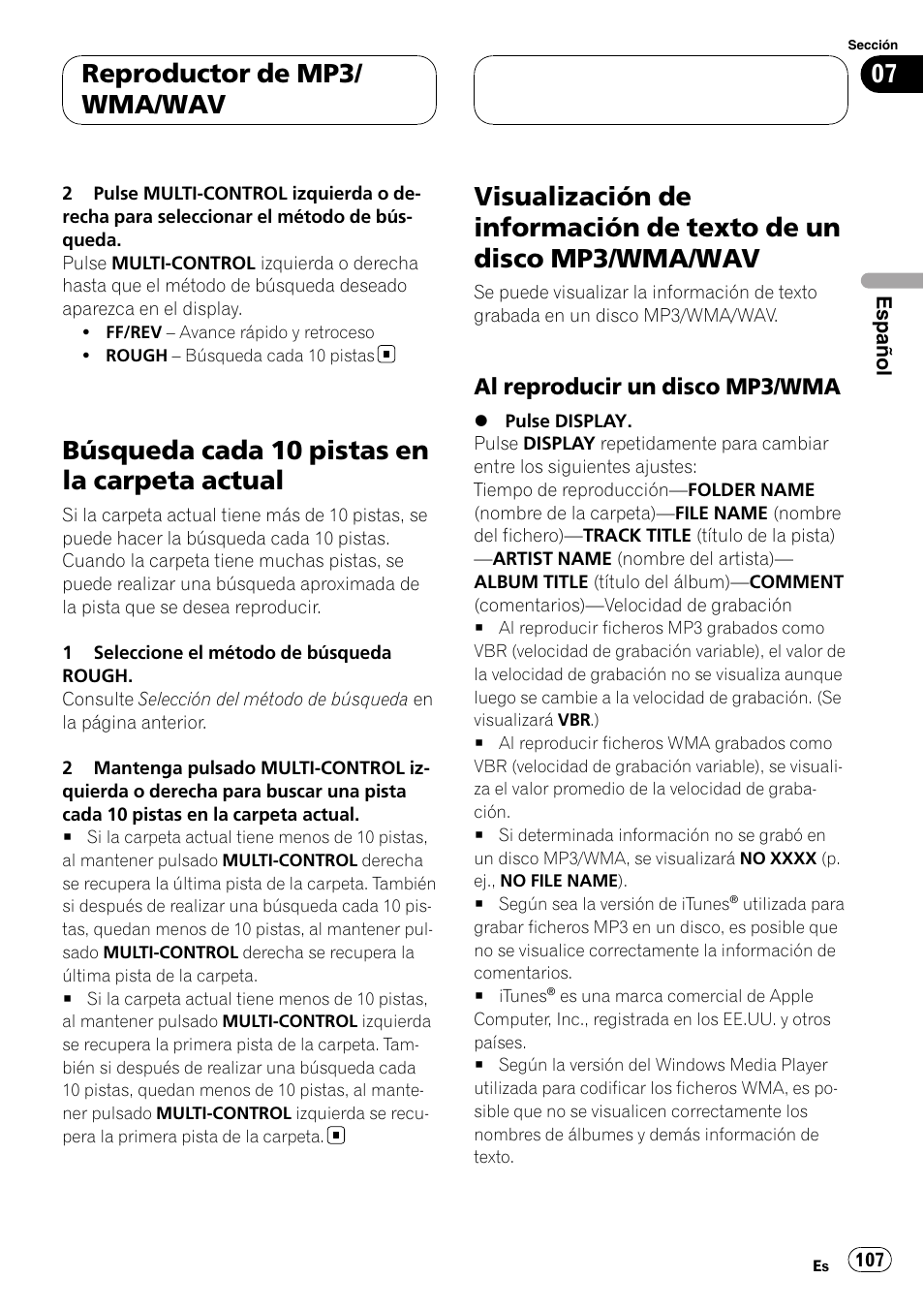 Búsqueda cada 10 pistas en la carpeta, Actual, Visualización de información de texto de un | Disco mp3/wma/wav, Al reproducir un disco mp3, Búsqueda cada 10 pistas en la carpeta actual, Reproductor de mp3/ wma/wav, Al reproducir un disco mp3/wma | Pioneer DEH-P55BT User Manual | Page 107 / 162