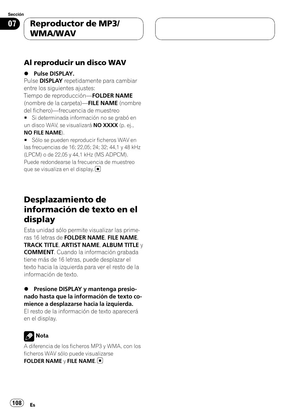 Al reproducir un disco wav 108, Desplazamiento de información de texto en, El display | Reproductor de mp3/ wma/wav | Pioneer DEH-P55BT User Manual | Page 108 / 162