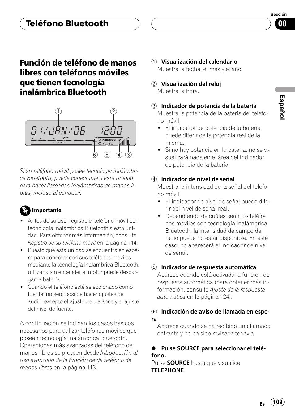 Teléfono bluetooth | Pioneer DEH-P55BT User Manual | Page 109 / 162
