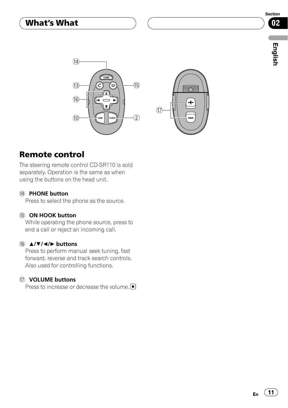 Remote control, What ’s what | Pioneer DEH-P55BT User Manual | Page 11 / 162