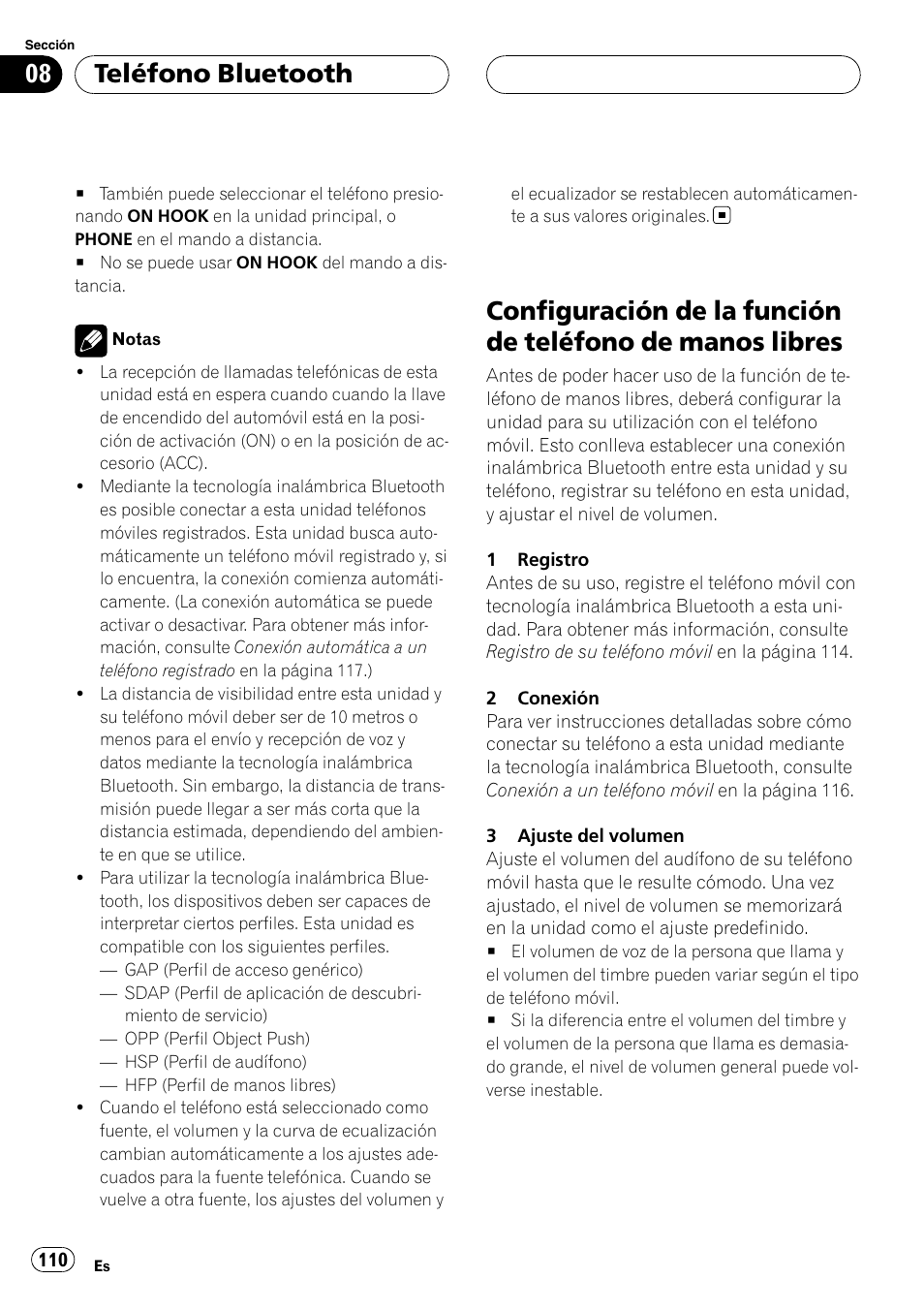 Configuración de la función de teléfono de, Manos libres, Teléfono bluetooth | Pioneer DEH-P55BT User Manual | Page 110 / 162