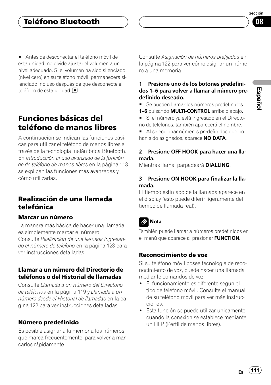 Funciones básicas del teléfono de manos, Libres, Realización de una llamada | Telefónica, Funciones básicas del teléfono de manos libres, Teléfono bluetooth, Realización de una llamada telefónica | Pioneer DEH-P55BT User Manual | Page 111 / 162