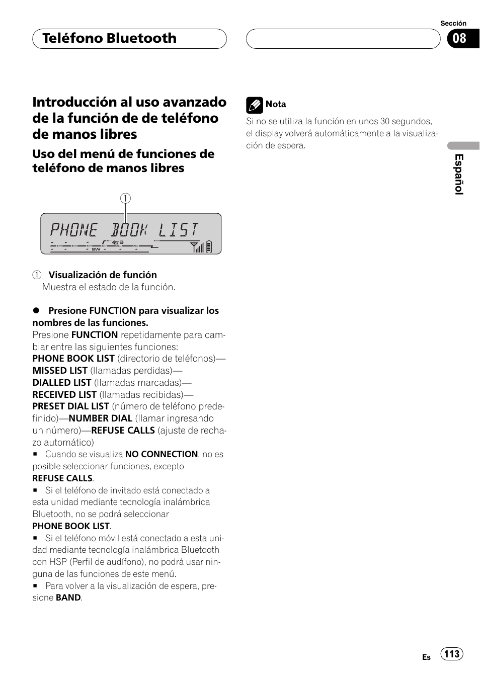 Introducción al uso avanzado de la función, De de teléfono de manos libres, Uso del menú de funciones de teléfono | De manos libres, Teléfono bluetooth | Pioneer DEH-P55BT User Manual | Page 113 / 162