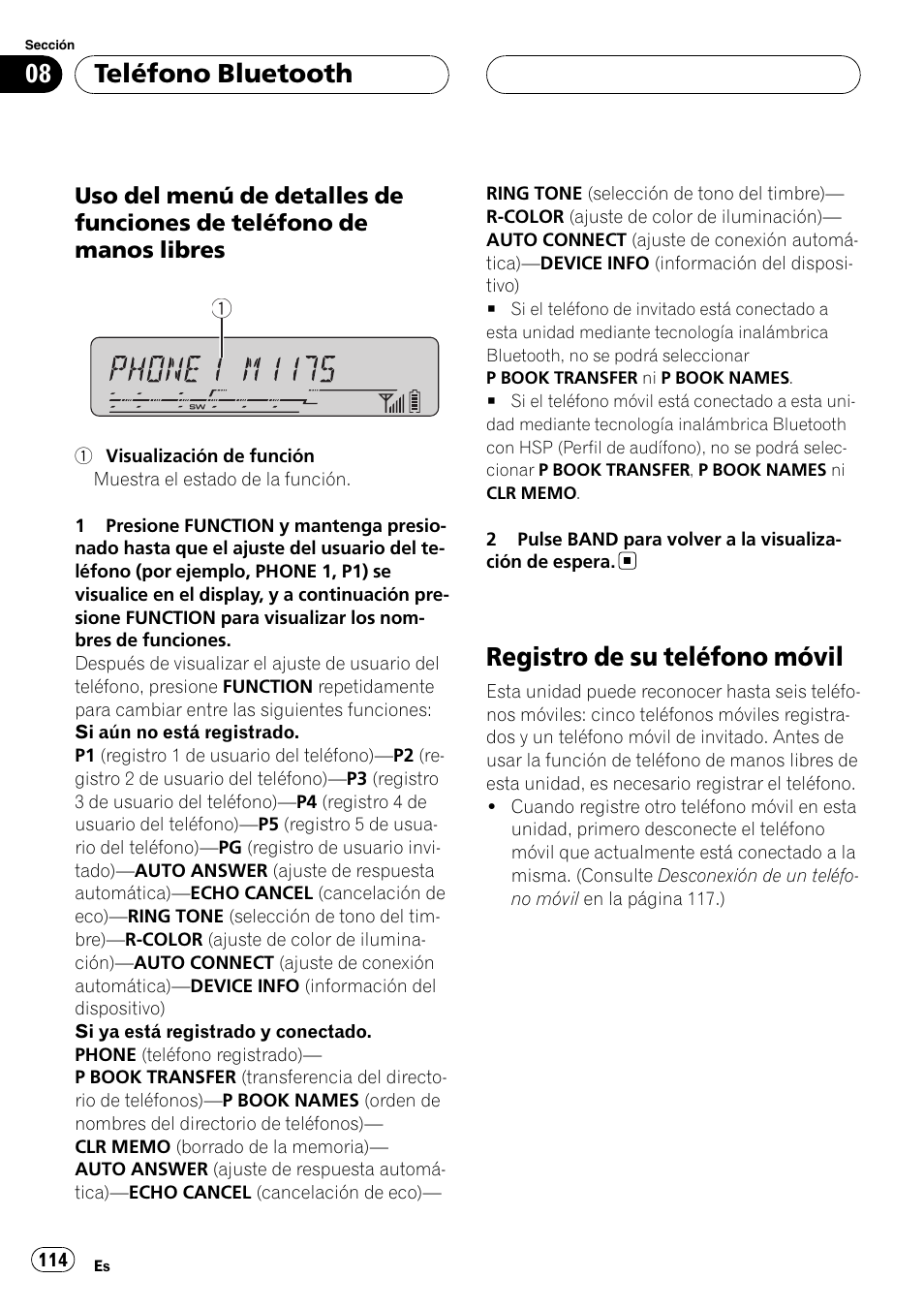 Uso del menú de detalles de funciones, De teléfono de manos libres, Registro de su teléfono móvil | Teléfono bluetooth | Pioneer DEH-P55BT User Manual | Page 114 / 162