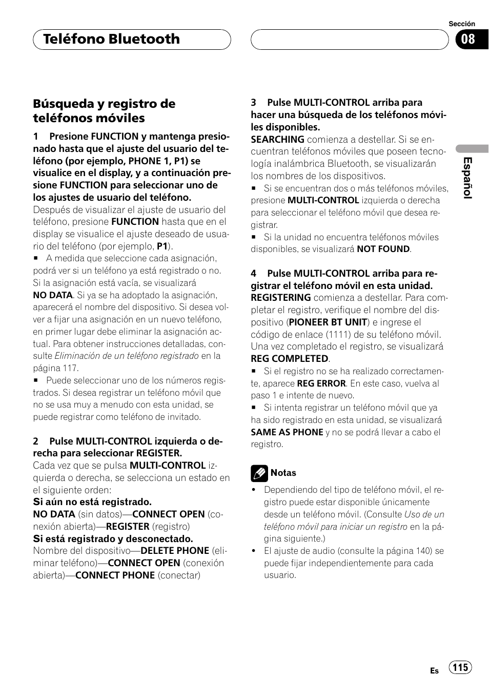 Búsqueda y registro de teléfonos, Móviles, Teléfono bluetooth | Búsqueda y registro de teléfonos móviles | Pioneer DEH-P55BT User Manual | Page 115 / 162