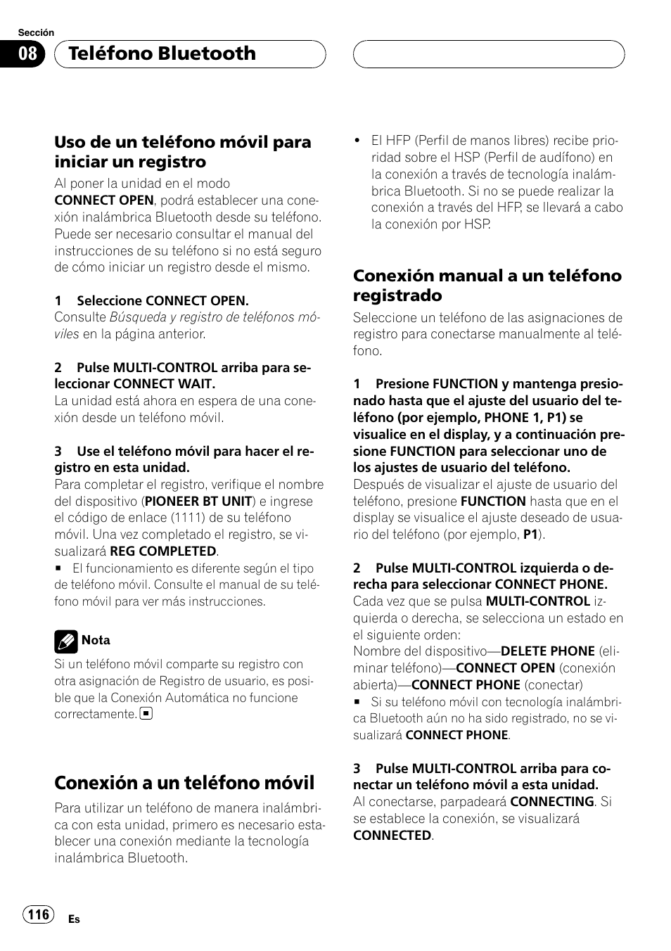 Uso de un teléfono móvil para iniciar, Un registro, Conexión a un teléfono móvil | Conexión manual a un teléfono, Registrado, Teléfono bluetooth, Uso de un teléfono móvil para iniciar un registro, Conexión manual a un teléfono registrado | Pioneer DEH-P55BT User Manual | Page 116 / 162