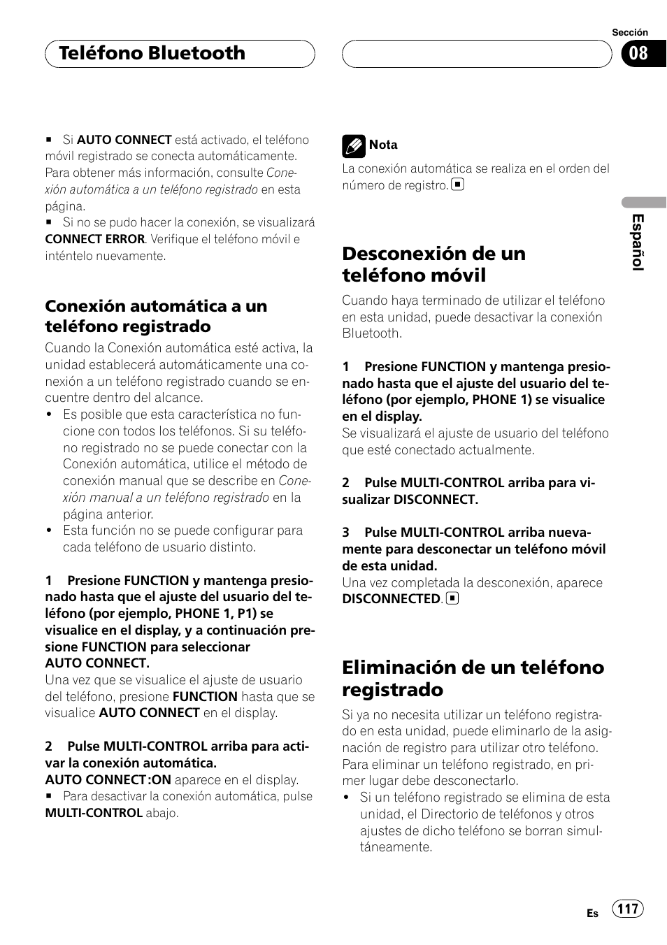 Conexión automática a un teléfono, Registrado, Desconexión de un teléfono móvil | Eliminación de un teléfono registrado, Teléfono bluetooth | Pioneer DEH-P55BT User Manual | Page 117 / 162