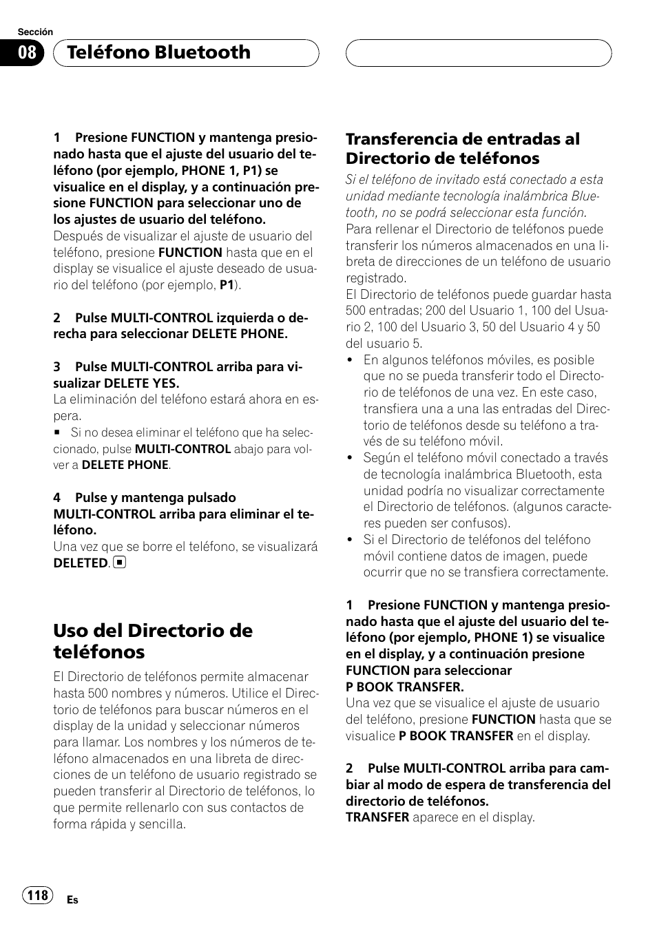 Uso del directorio de teléfonos, Transferencia de entradas al directorio, De teléfonos | Teléfono bluetooth | Pioneer DEH-P55BT User Manual | Page 118 / 162