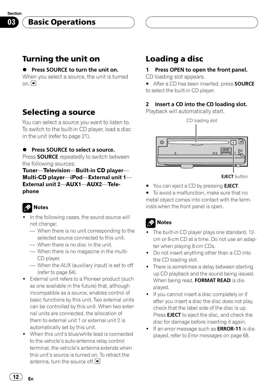 Basic operations turning the unit on, Selecting a source, Loading a disc | Turning the unit on, Basic operations | Pioneer DEH-P55BT User Manual | Page 12 / 162