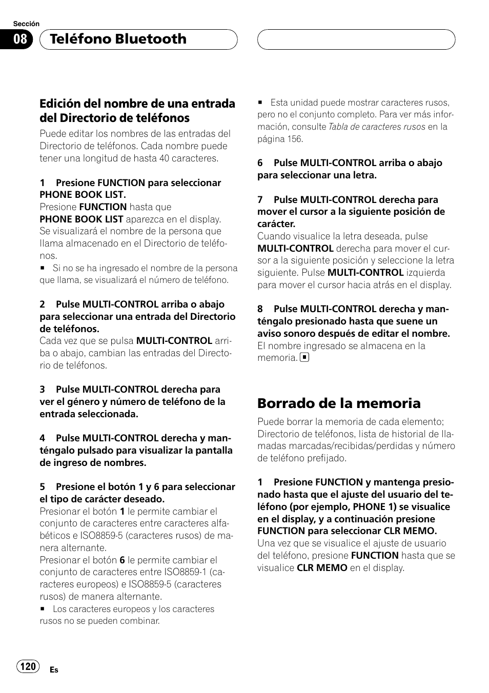 Edición del nombre de una entrada del, Directorio de teléfonos, Borrado de la memoria | Teléfono bluetooth | Pioneer DEH-P55BT User Manual | Page 120 / 162