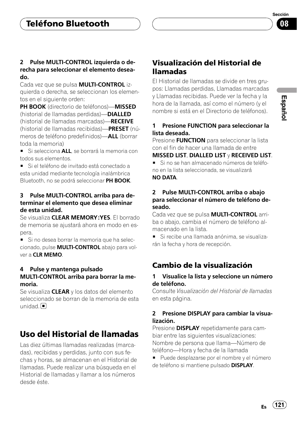 Uso del historial de llamadas, Visualización del historial de, Llamadas | Cambio de la visualización 121, Teléfono bluetooth, Visualización del historial de llamadas, Cambio de la visualización | Pioneer DEH-P55BT User Manual | Page 121 / 162