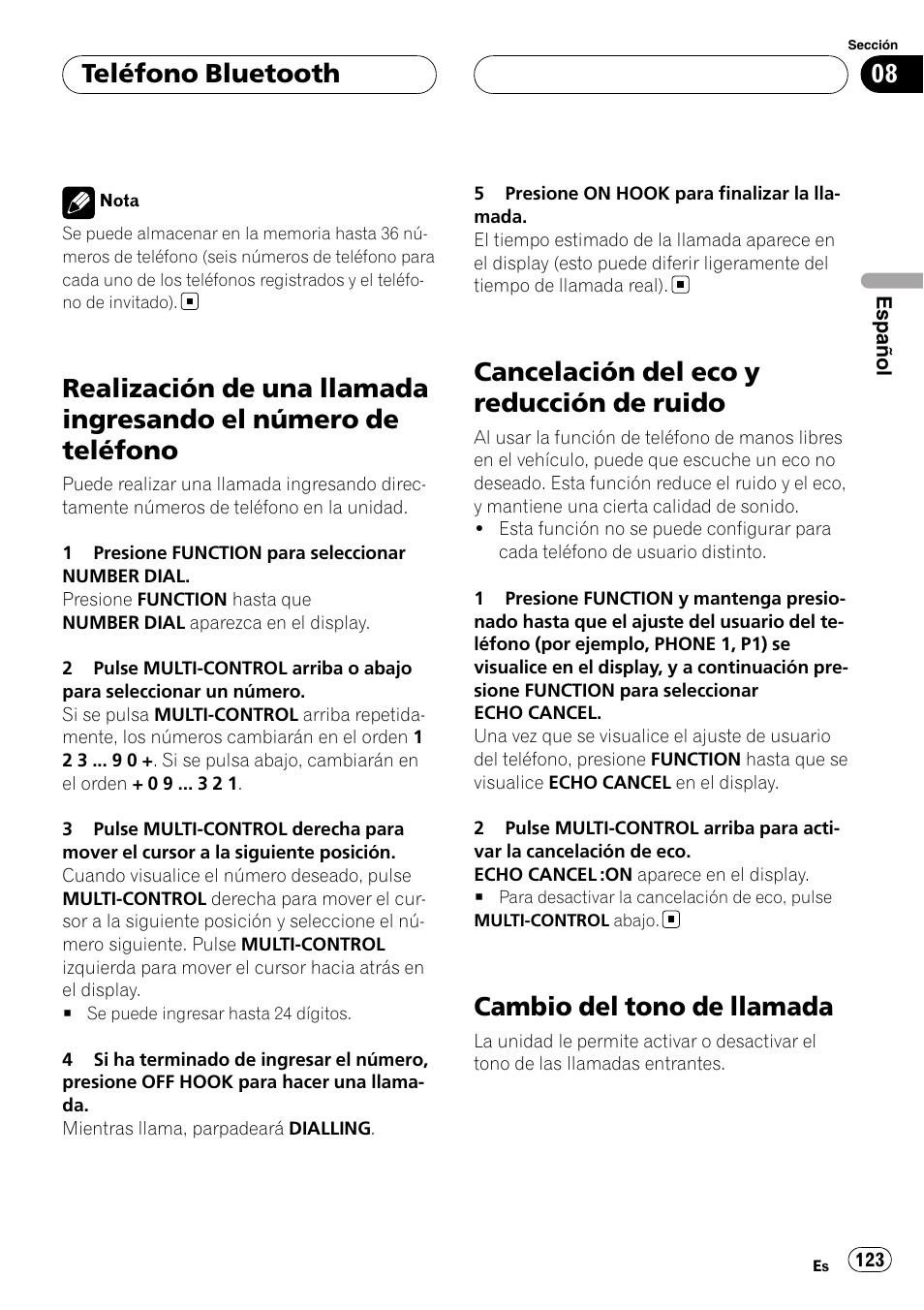 Realización de una llamada ingresando el, Número de teléfono, Cancelación del eco y reducción de | Ruido, Cambio del tono de llamada, Cancelación del eco y reducción de ruido, Teléfono bluetooth | Pioneer DEH-P55BT User Manual | Page 123 / 162