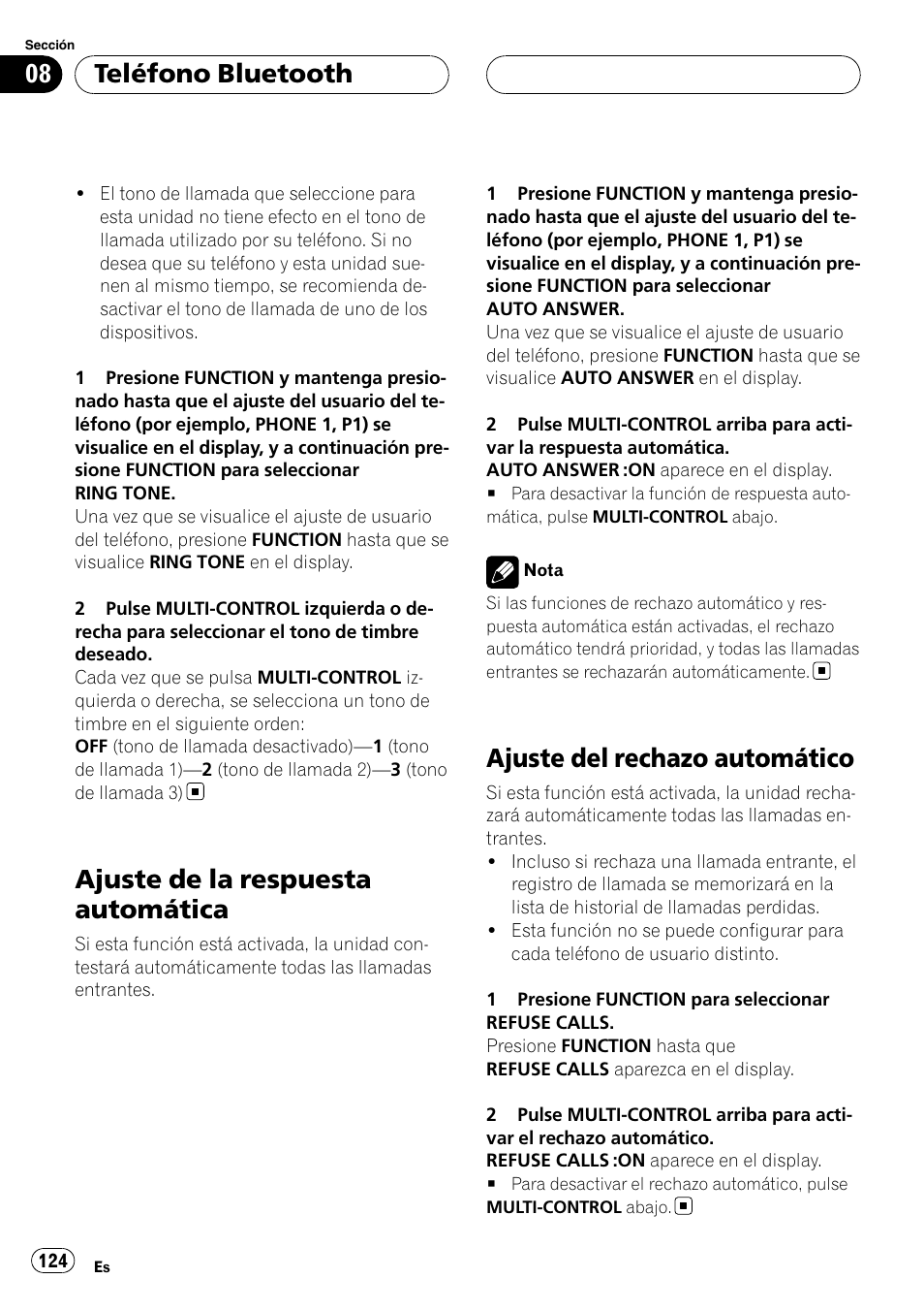 Ajuste de la respuesta automática, Ajuste del rechazo automático, Teléfono bluetooth | Pioneer DEH-P55BT User Manual | Page 124 / 162