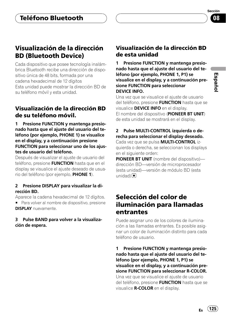 Visualización de la dirección bd (bluetooth, Device), Visualización de la dirección bd de su | Teléfono móvil, Visualización de la dirección bd de, Esta unidad, Selección del color de iluminación para, Llamadas entrantes, Teléfono bluetooth | Pioneer DEH-P55BT User Manual | Page 125 / 162