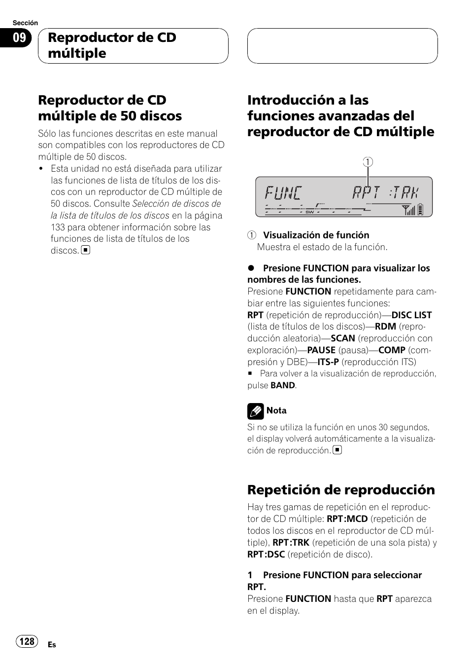 Reproductor de cd múltiple de 50, Discos, Introducción a las funciones avanzadas del | Reproductor de cd múltiple, Repetición de reproducción, Reproductor de cd múltiple de 50 discos | Pioneer DEH-P55BT User Manual | Page 128 / 162