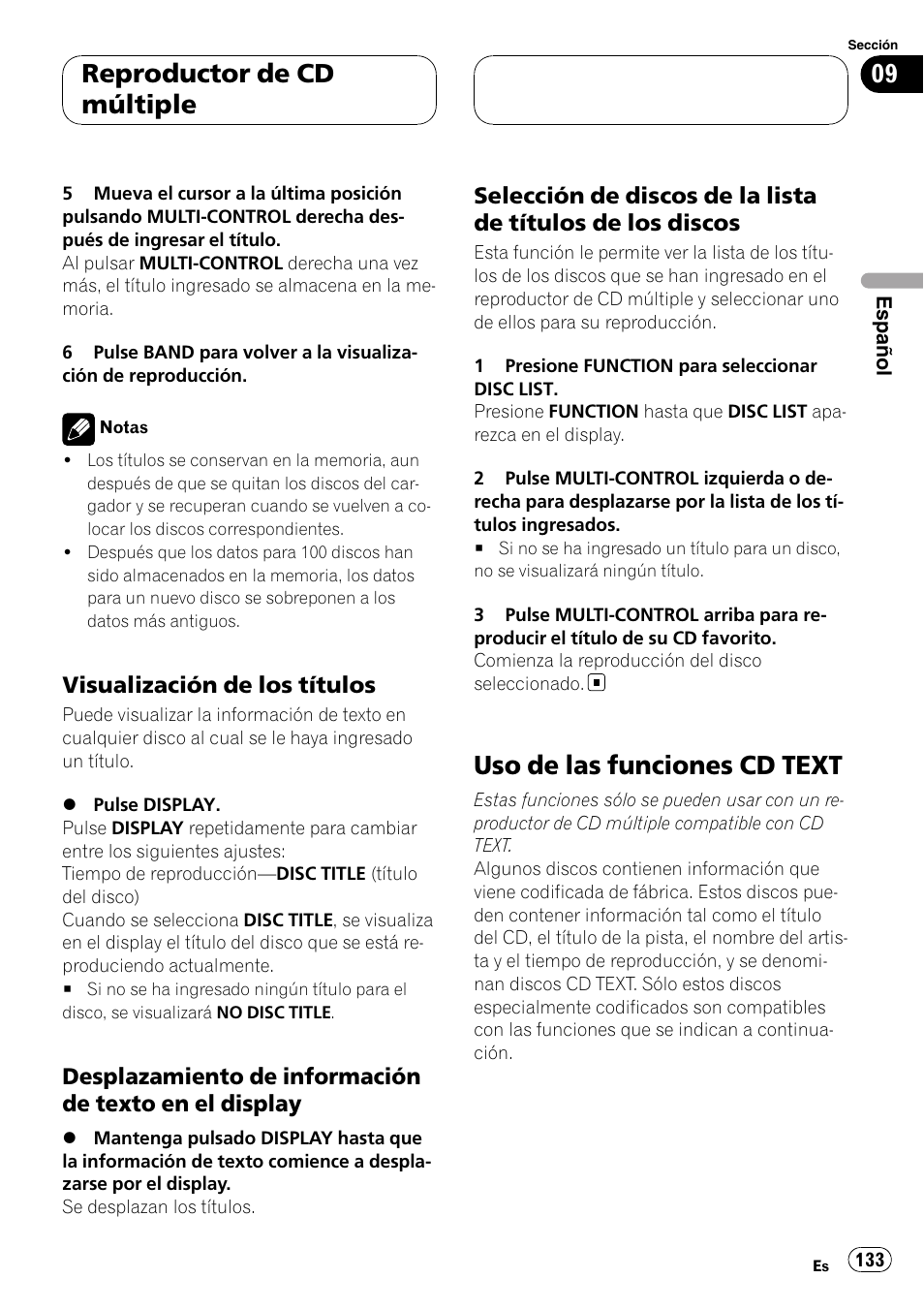 Visualización de los títulos 133, Desplazamiento de información de, Texto en el display | Selección de discos de la lista de, Títulos de los discos, Uso de las funciones cd text, Reproductor de cd múltiple, Visualización de los títulos | Pioneer DEH-P55BT User Manual | Page 133 / 162