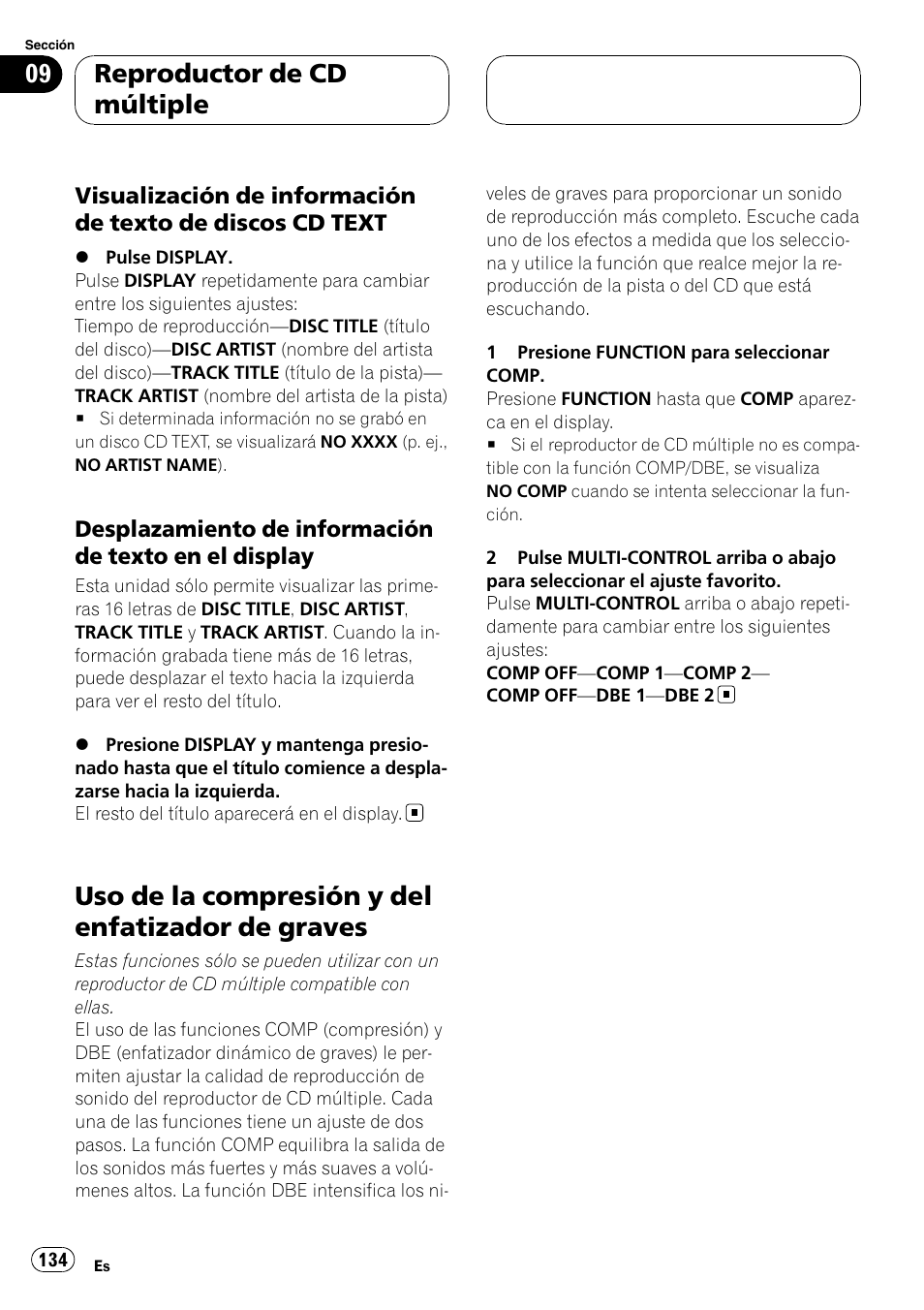 Visualización de información de texto, De discos cd text, Desplazamiento de información de | Texto en el display, Uso de la compresión y del enfatizador de, Graves, Uso de la compresión y del enfatizador de graves, Reproductor de cd múltiple | Pioneer DEH-P55BT User Manual | Page 134 / 162