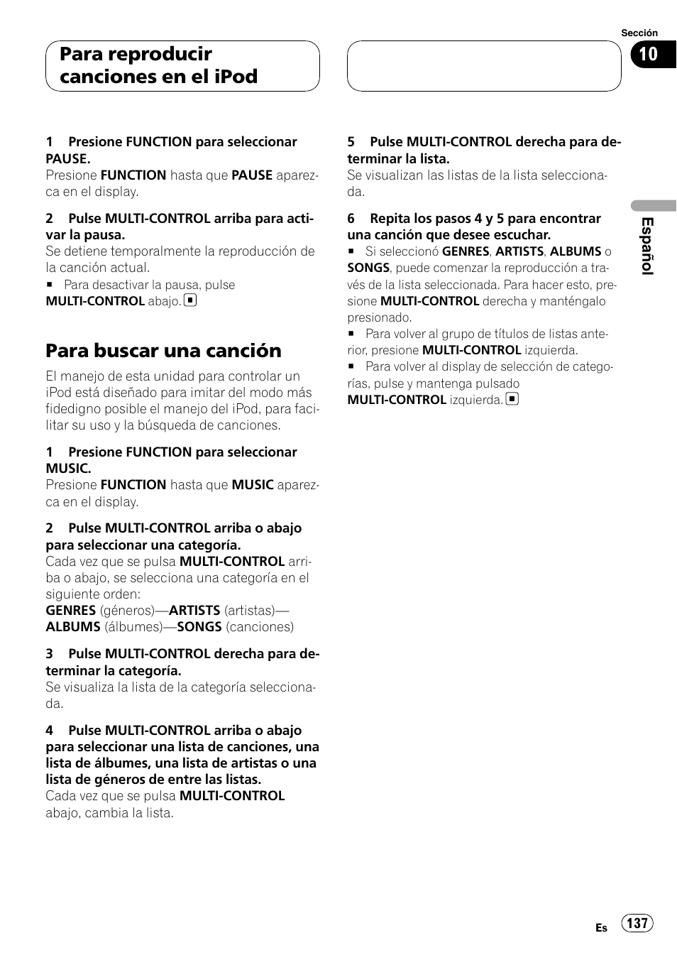 Para buscar una canción, Para reproducir canciones en el ipod | Pioneer DEH-P55BT User Manual | Page 137 / 162