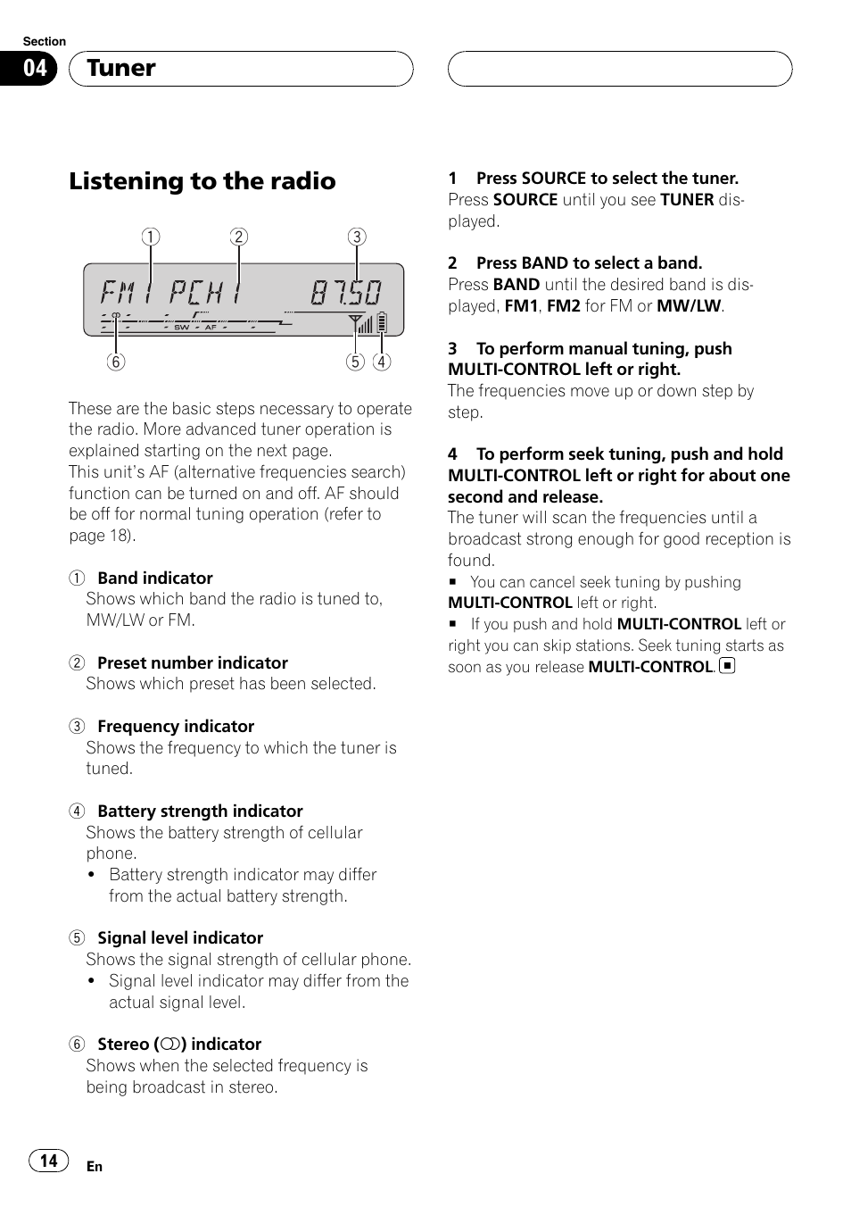 Tuner listening to the radio, Listening to the radio, Tuner | Pioneer DEH-P55BT User Manual | Page 14 / 162