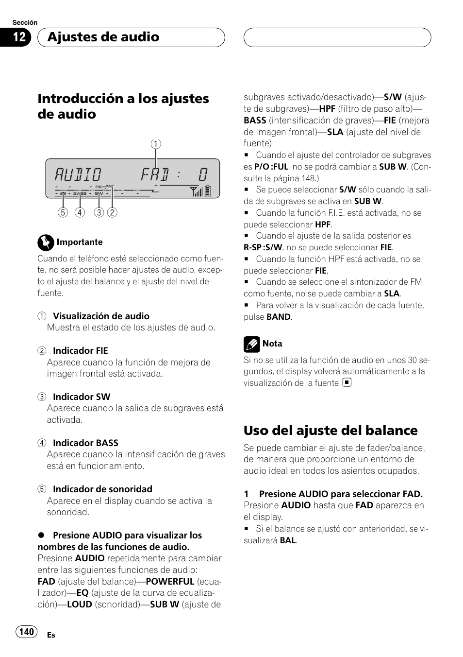 Uso del ajuste del balance, Introducción a los ajustes de audio, Ajustes de audio | Pioneer DEH-P55BT User Manual | Page 140 / 162