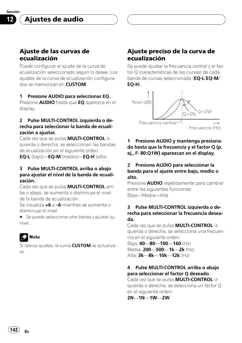 Ajuste de las curvas de, Ecualización, Ajuste preciso de la curva de | Ajustes de audio, Ajuste de las curvas de ecualización, Ajuste preciso de la curva de ecualización | Pioneer DEH-P55BT User Manual | Page 142 / 162