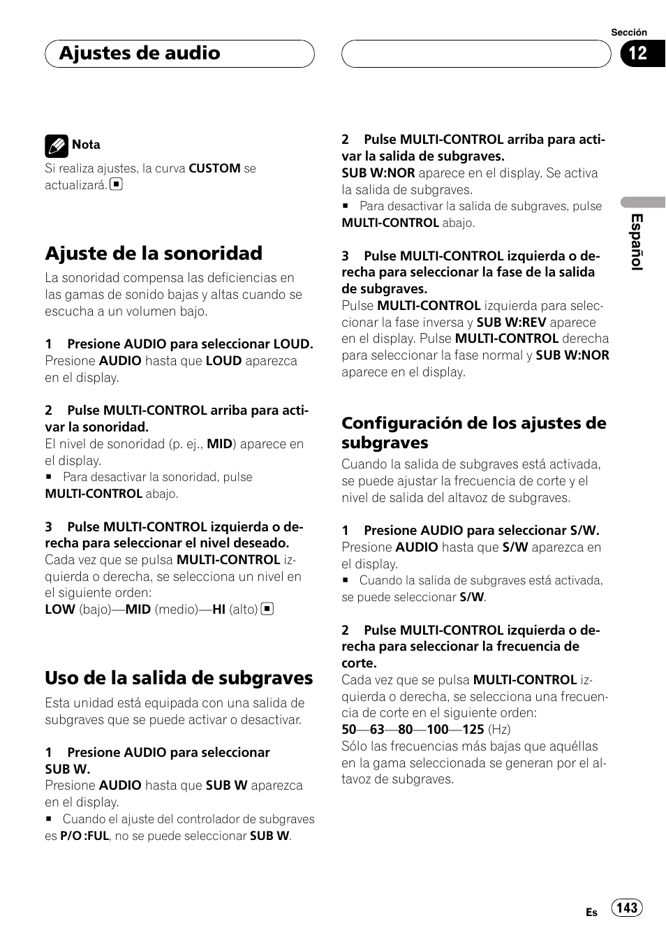 Ajuste de la sonoridad, Uso de la salida de subgraves, Configuración de los ajustes de | Subgraves, Ajustes de audio, Configuración de los ajustes de subgraves | Pioneer DEH-P55BT User Manual | Page 143 / 162