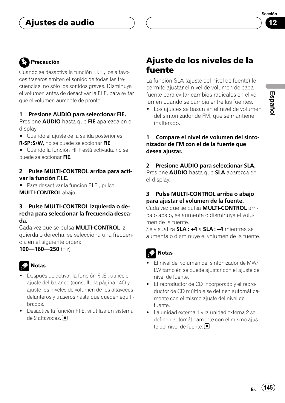 Ajuste de los niveles de la fuente, Ajustes de audio | Pioneer DEH-P55BT User Manual | Page 145 / 162