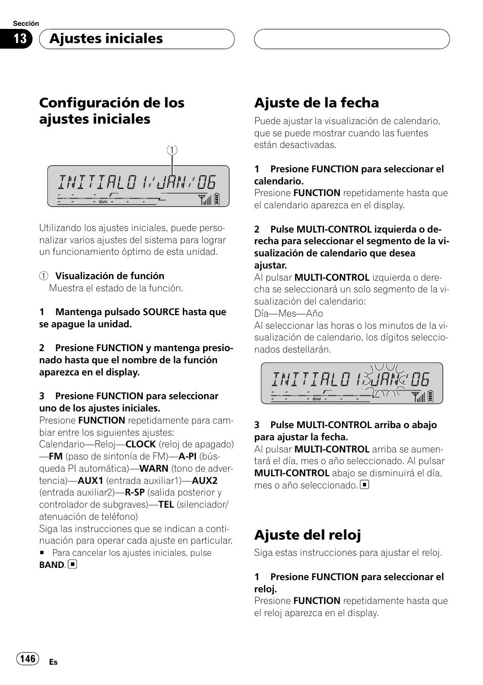 Ajuste de la fecha, Ajuste del reloj, Configuración de los ajustes iniciales | Ajustes iniciales | Pioneer DEH-P55BT User Manual | Page 146 / 162