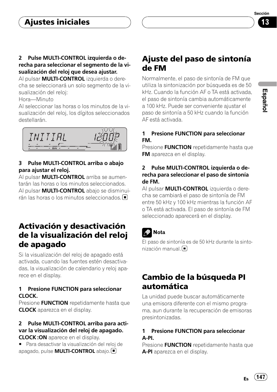 Activación y desactivación de la visualización, Del reloj de apagado, Ajuste del paso de sintonía de fm | Cambio de la búsqueda pi automática, Ajustes iniciales | Pioneer DEH-P55BT User Manual | Page 147 / 162