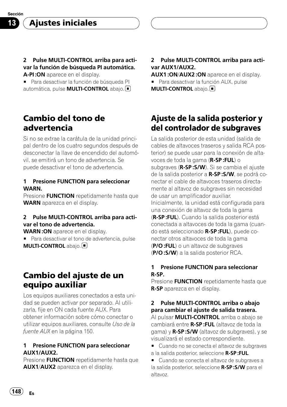 Cambio del tono de advertencia, Cambio del ajuste de un equipo, Auxiliar | Ajuste de la salida posterior y del controlador, De subgraves, Cambio del ajuste de un equipo auxiliar, Ajustes iniciales | Pioneer DEH-P55BT User Manual | Page 148 / 162