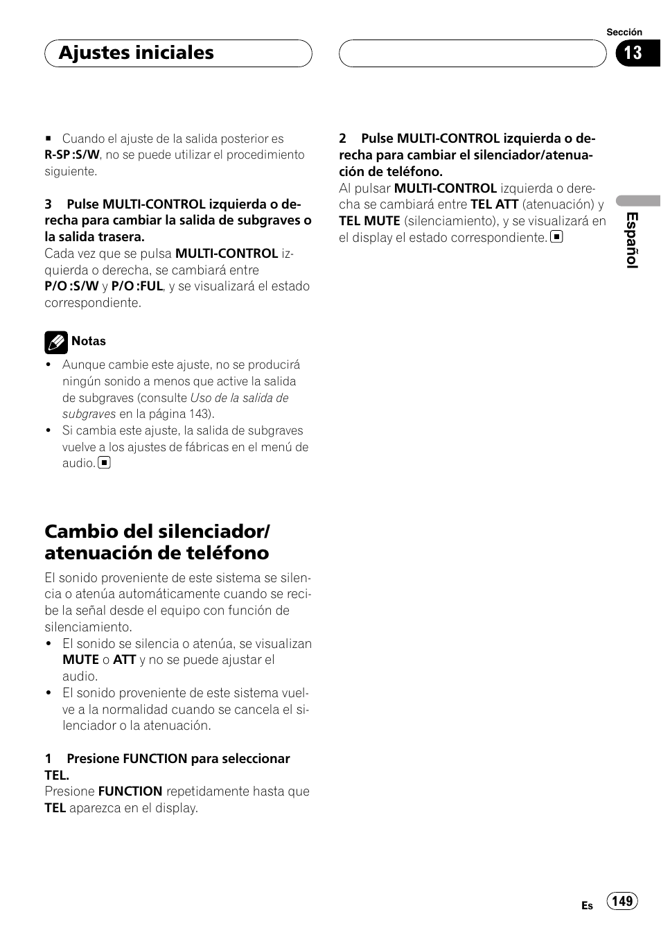 Cambio del silenciador/atenuación de, Teléfono, Cambio del silenciador/ atenuación de teléfono | Ajustes iniciales | Pioneer DEH-P55BT User Manual | Page 149 / 162