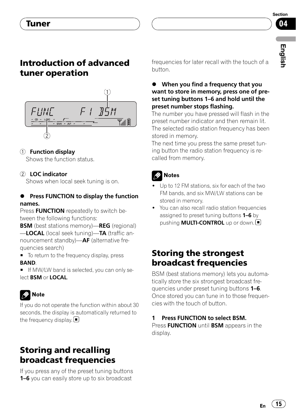 Introduction of advanced tuner, Operation, Storing and recalling broadcast | Frequencies, Storing the strongest broadcast, Introduction of advanced tuner operation, Storing and recalling broadcast frequencies, Storing the strongest broadcast frequencies, Tuner | Pioneer DEH-P55BT User Manual | Page 15 / 162