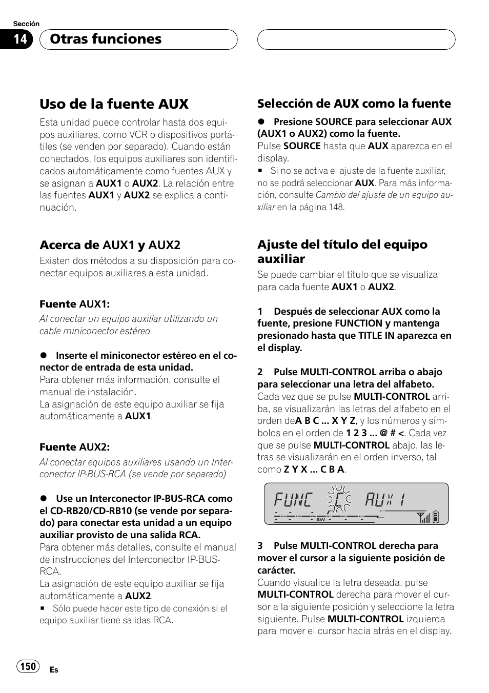 Otras funciones uso de la fuente aux, Acerca de aux1 y aux2 150, Selección de aux como la fuente 150 | Ajuste del título del equipo, Auxiliar, Uso de la fuente aux, Otras funciones, Acerca de aux1 y aux2, Selección de aux como la fuente, Ajuste del título del equipo auxiliar | Pioneer DEH-P55BT User Manual | Page 150 / 162