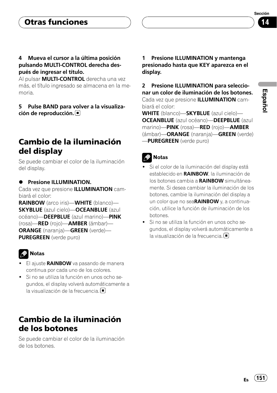 Cambio de la iluminación del display, Cambio de la iluminación de los, Botones | Cambio de la iluminación de los botones, Otras funciones | Pioneer DEH-P55BT User Manual | Page 151 / 162