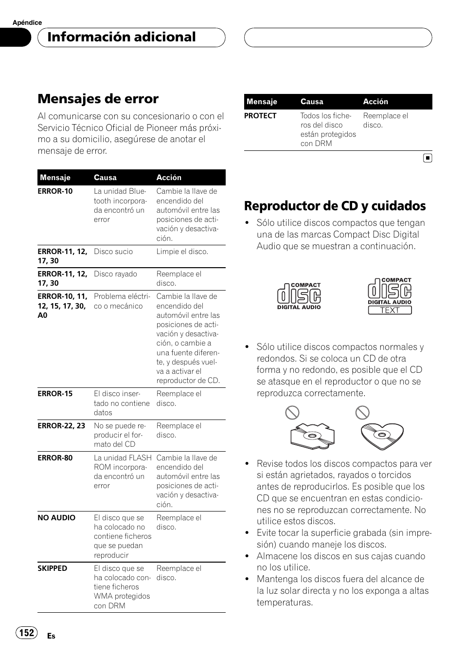 Información adicional mensajes de error, Reproductor de cd y cuidados, Mensajes de error | Información adicional | Pioneer DEH-P55BT User Manual | Page 152 / 162