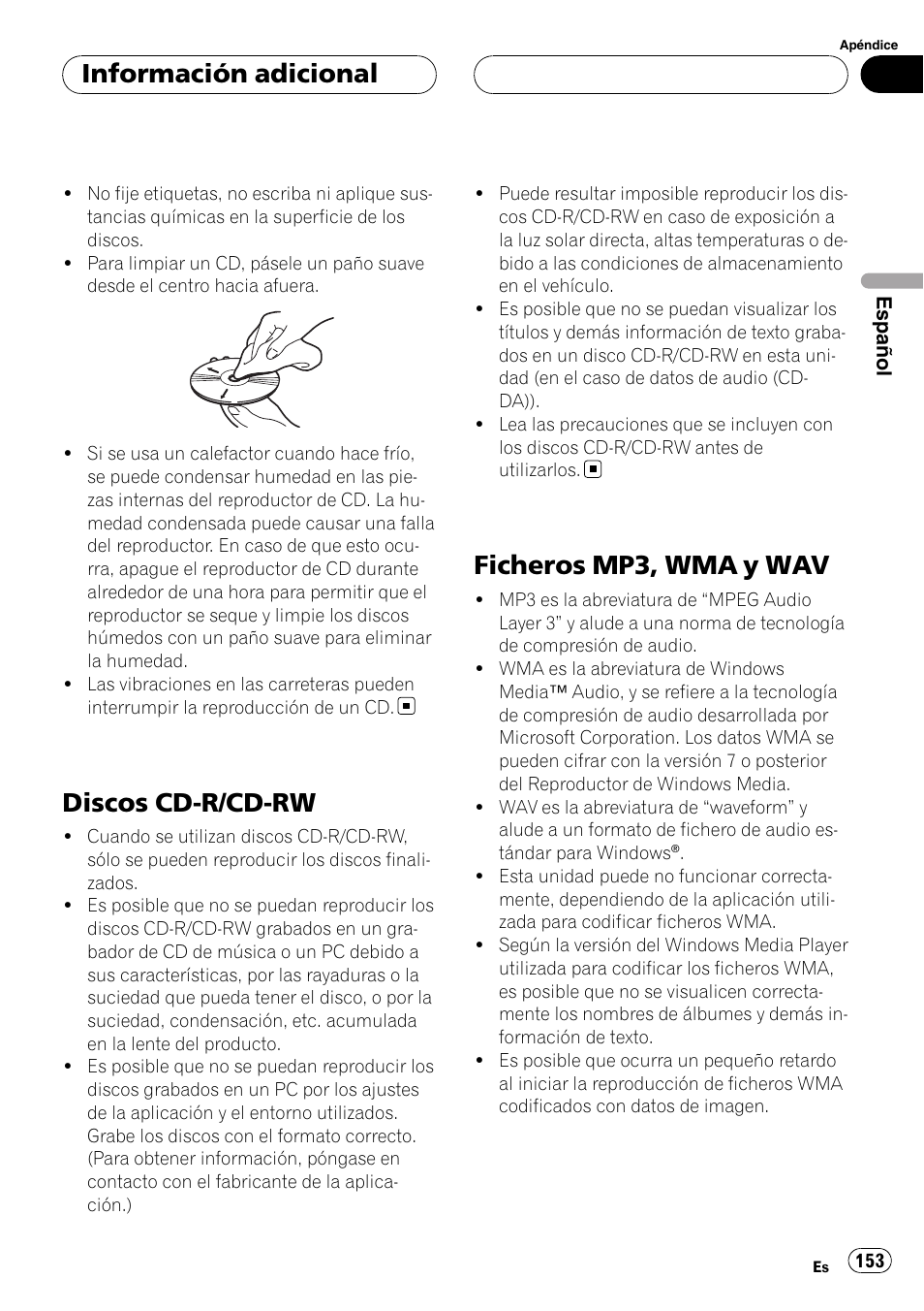 Discos cd-r/cd-rw, Ficheros mp3, wma y wav, Información adicional | Pioneer DEH-P55BT User Manual | Page 153 / 162