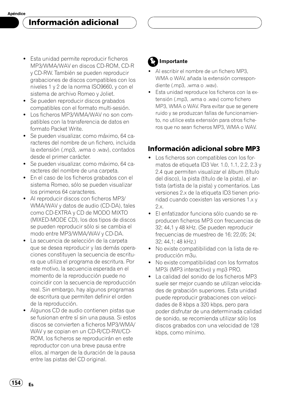 Información adicional sobre mp3 154, Información adicional, Información adicional sobre mp3 | Pioneer DEH-P55BT User Manual | Page 154 / 162