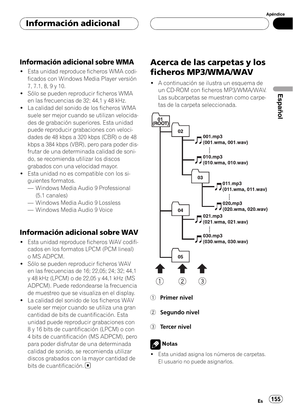 Información adicional sobre, Información adicional sobre wav 155, Acerca de las carpetas y los ficheros mp3 | Wma/wav, Acerca de las carpetas y los ficheros mp3/wma/wav, Información adicional, Información adicional sobre wma, Información adicional sobre wav | Pioneer DEH-P55BT User Manual | Page 155 / 162