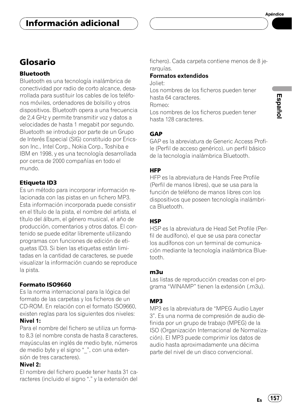 Glosario, Información adicional | Pioneer DEH-P55BT User Manual | Page 157 / 162