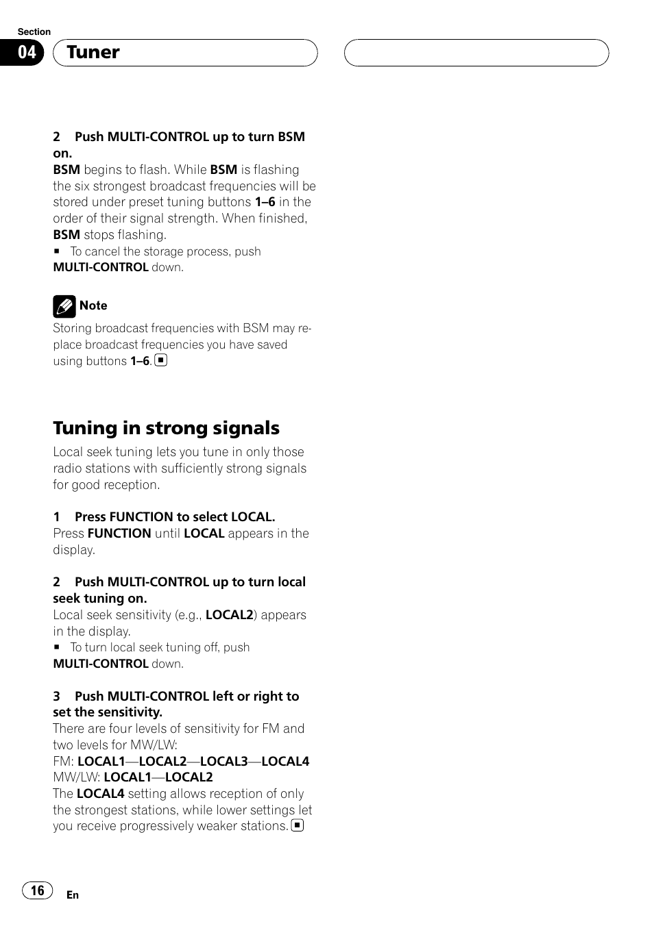 Tuning in strong signals, Tuner | Pioneer DEH-P55BT User Manual | Page 16 / 162