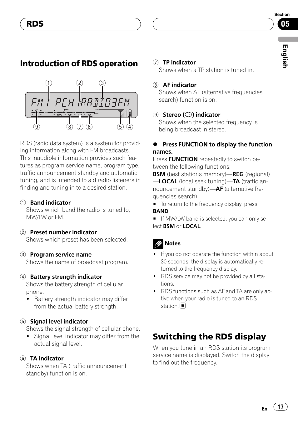 Rds introduction of rds operation, Switching the rds display, Introduction of rds operation | Pioneer DEH-P55BT User Manual | Page 17 / 162