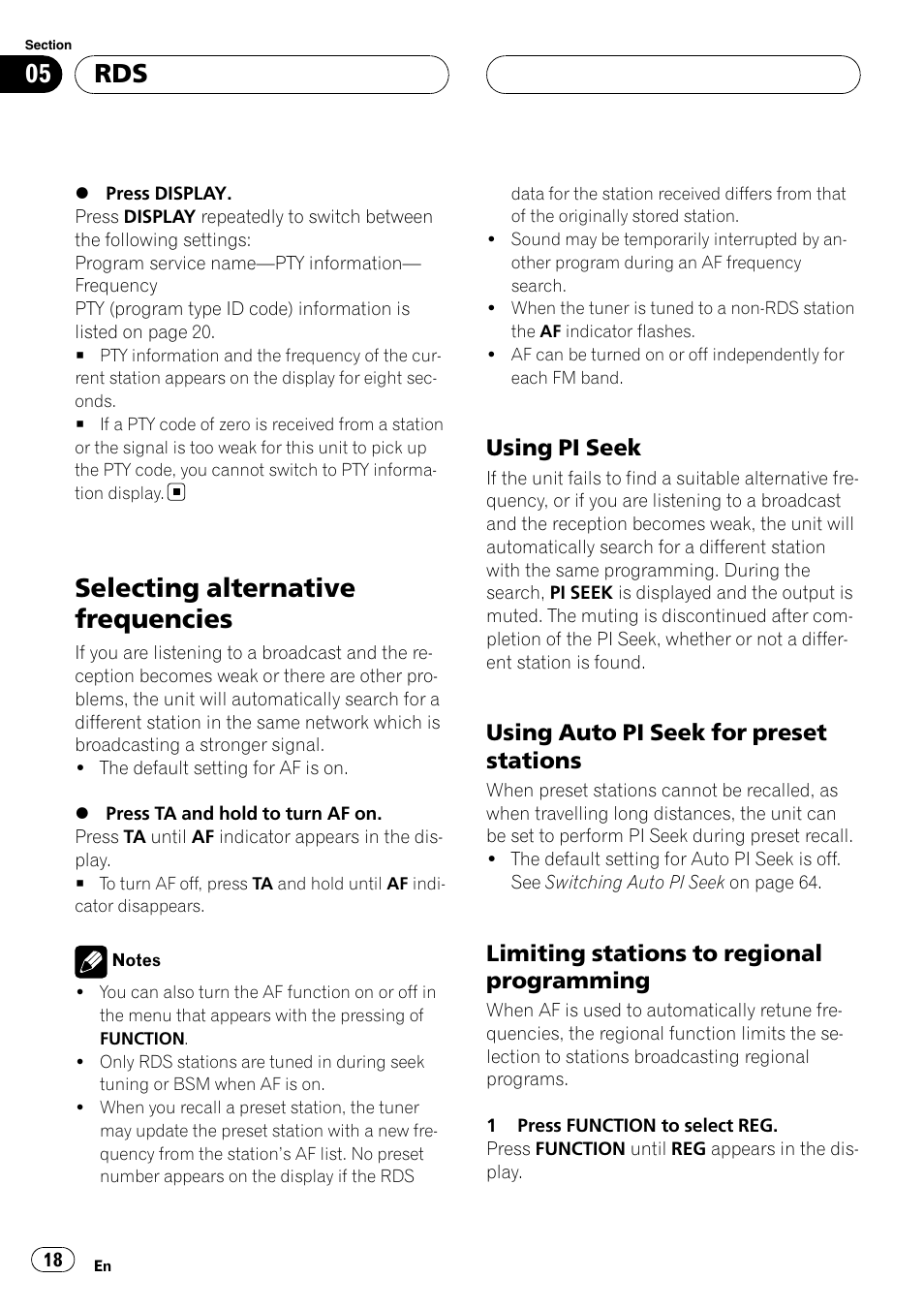 Selecting alternative frequencies, Using pi seek 18, Using auto pi seek for preset | Stations, Limiting stations to regional, Programming, Using pi seek, Using auto pi seek for preset stations, Limiting stations to regional programming | Pioneer DEH-P55BT User Manual | Page 18 / 162